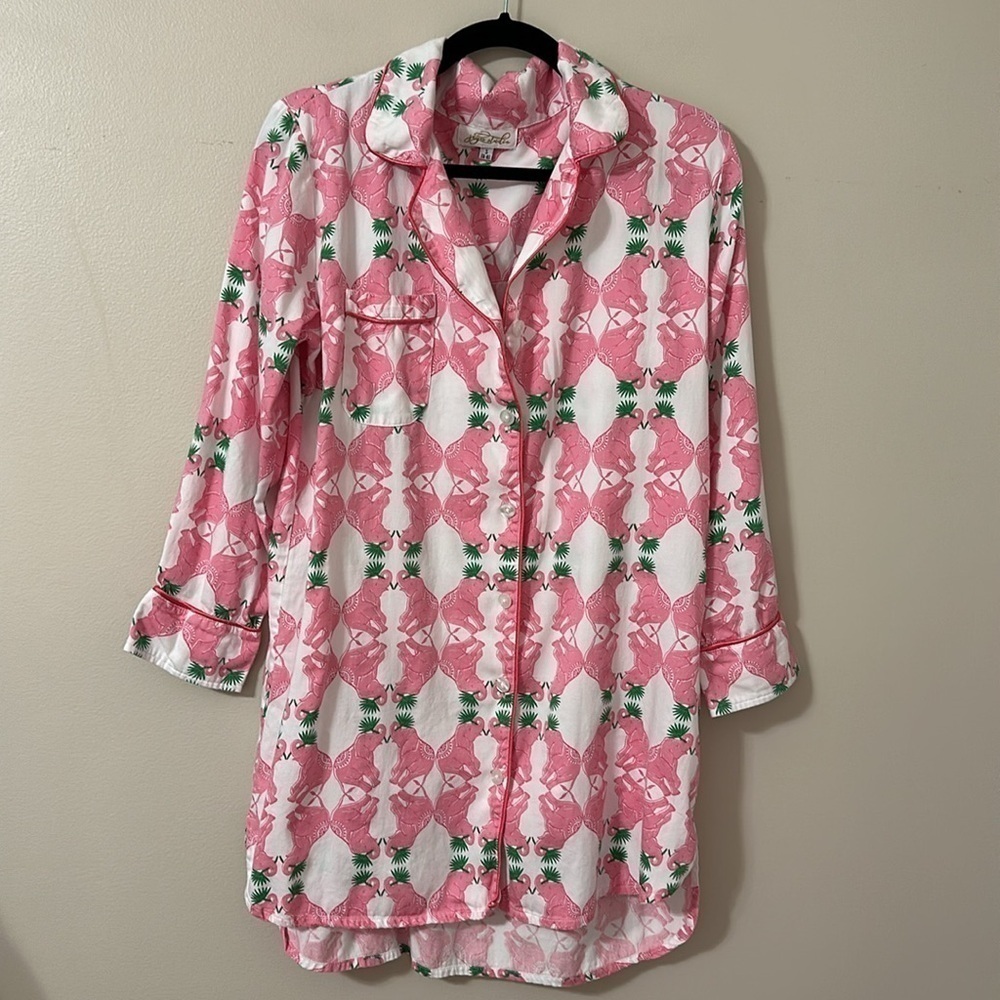 Jaye’s Studio Button Front Sleep Shirt Pink, White&Green Elephant Print Sz Small